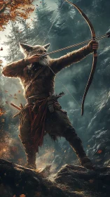 Anthropomorphic fox archer draws bow in cinematic forest vista