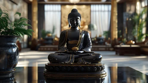 Onyx Buddha radiating quiet gold in a sunlit luxury hall.