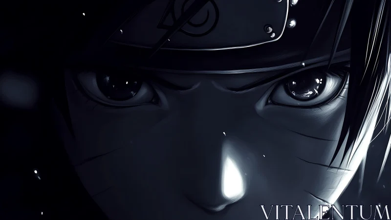 Intense anime ninja portrait framed in dramatic shadow.