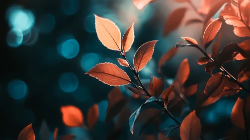 Orange foliage is rendered sharply against a teal bokeh background