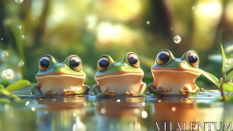 3D stylized tree frogs aligned in luminous wetland shallows.