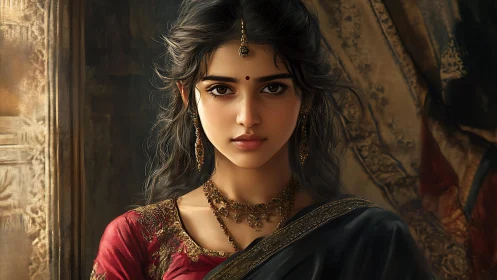 Digital portrait of Indian woman in ornate traditional sari.