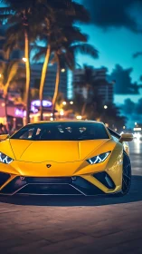 Yellow supercar front view on neon city palm-lined boulevard.