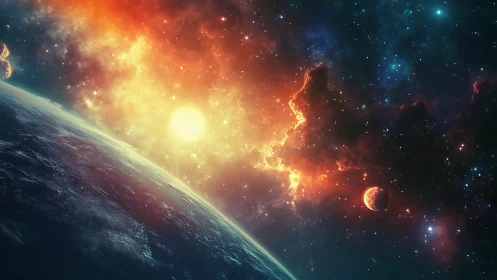 Planet horizon with bright star and distant red planet.