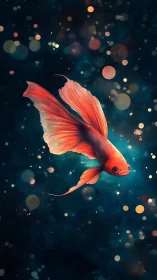 Orange betta fish on dark teal aquatic bokeh field.