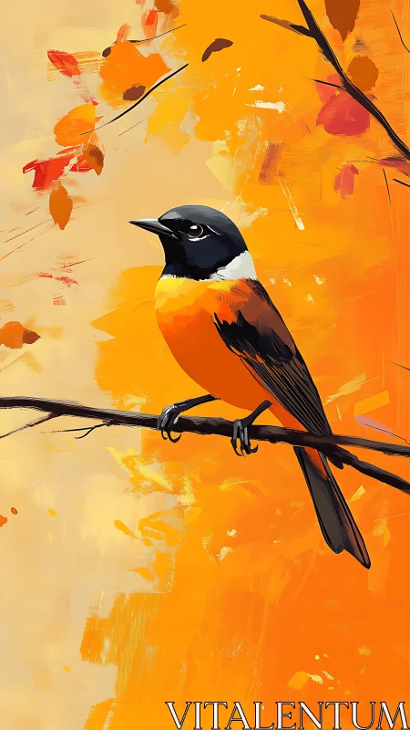 Autumn bird perched on branch amid golden foliage.