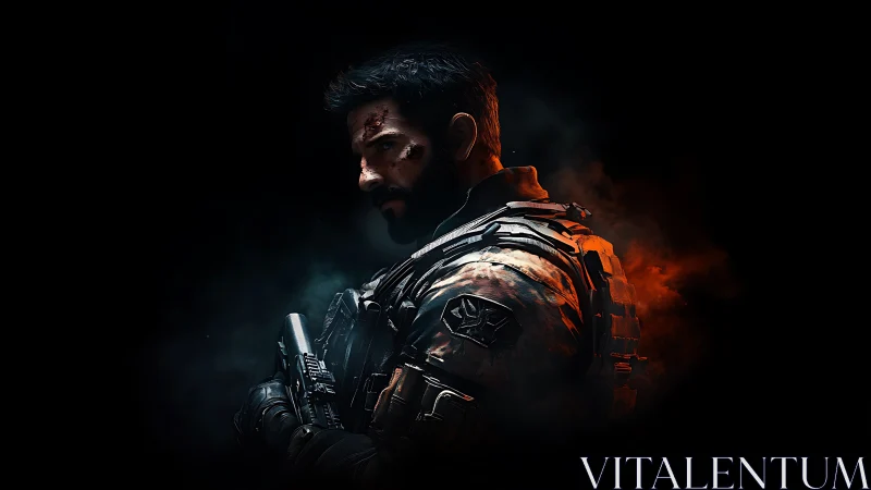 Battleworn tactician smolders in ember-lit combat shadow.