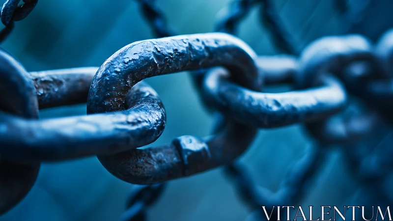 Close-up of worn metal chain links in cool blue light.