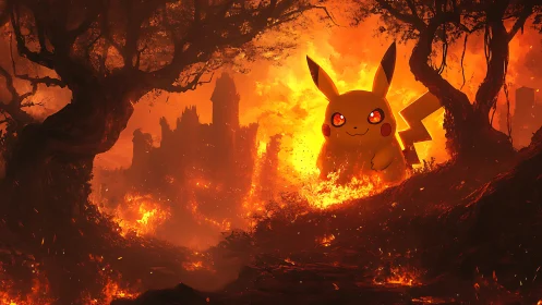 Pikachu Character Against Apocalyptic Firestorm With Urban Ruins