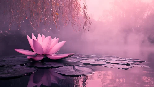 Dreamy pink lotus drifting on a tranquil misty pond.