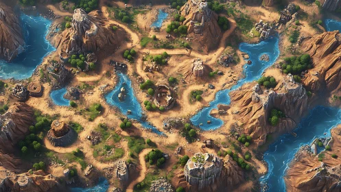 Isometric desert canyon strategy map with rivers and ruins