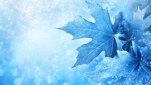 Glacial blue maple leaves rendered as luminous frosted forms