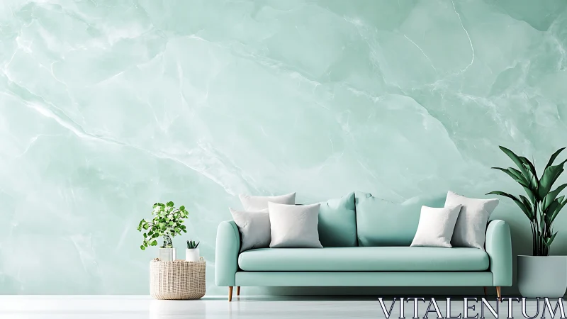 Mint green sofa anchors minimalist living room interior