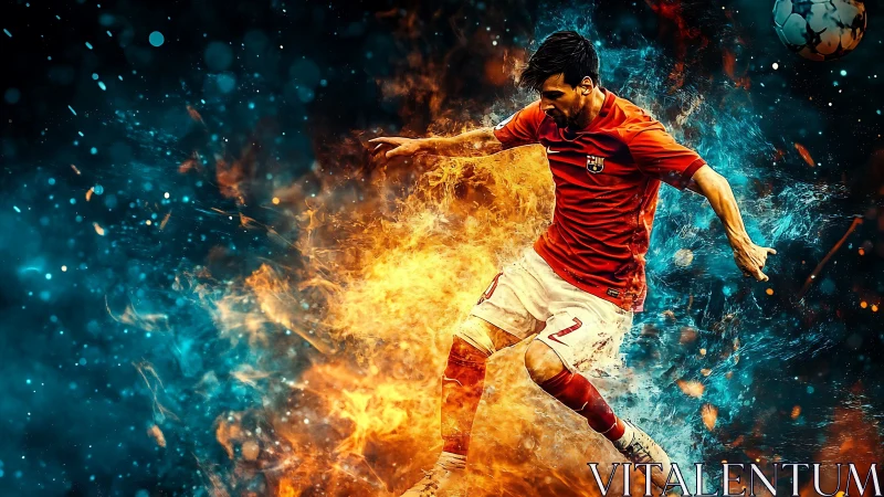 Explosive football striker amid swirling fire and ice energy.