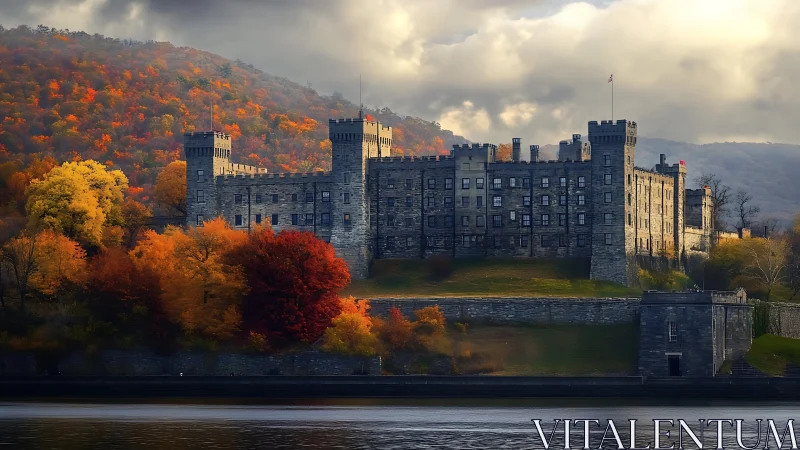 Stone fortress beside river framed by autumn hillside colors.