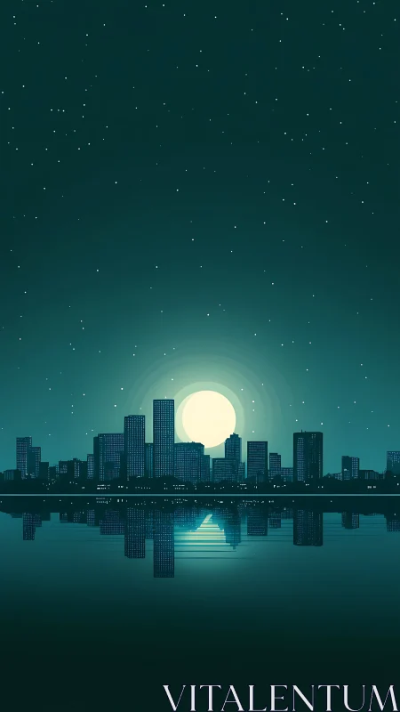 Urban skyline silhouette with full moon and water reflection.
