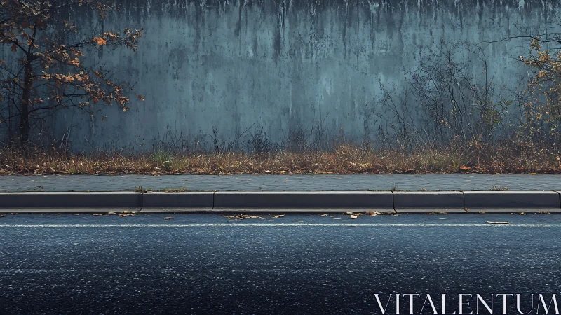 Weathered concrete wall behind wet asphalt road and curb line