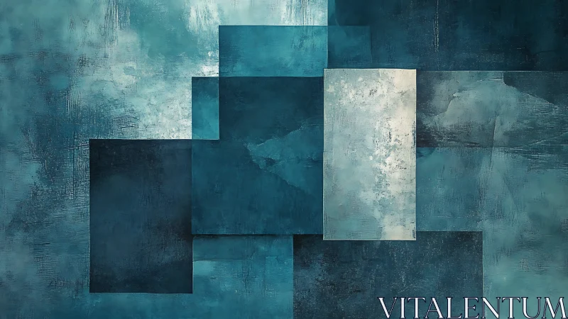 Layered teal rectangles form textured geometric abstract structure