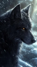 Midnight wolf gazes calmly through whirling winter snow