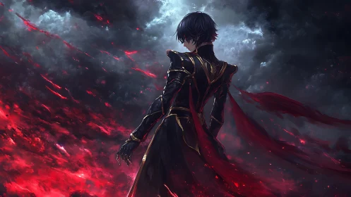Dark warrior stands amid swirling crimson storm clouds