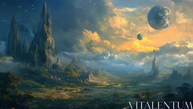 Alien valley under twin moons glows in ethereal sunset.