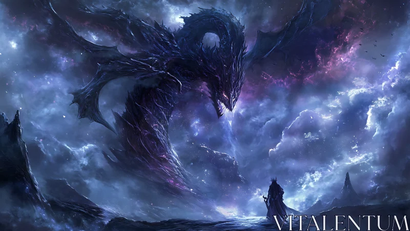 Midnight summit between starlit dragon and lone hero.