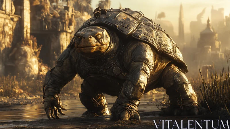 Armored war turtle advances through flooded ruined city