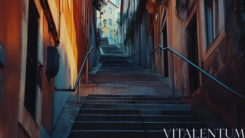 Narrow urban stairway between tall buildings at dusk.