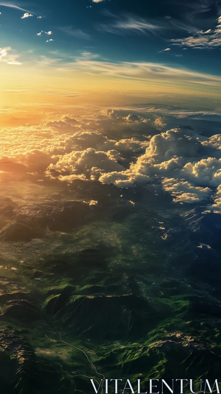 Sunrise light rakes stratocumulus clouds above verdant ridges