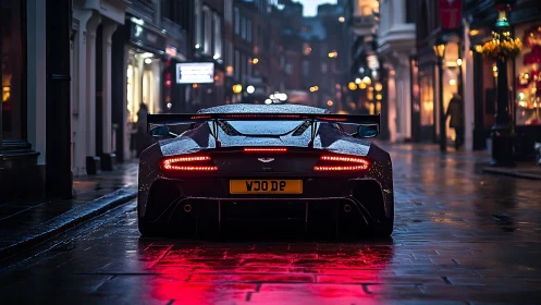 Aerodynamic supercar rear in rain-soaked urban lightscape.