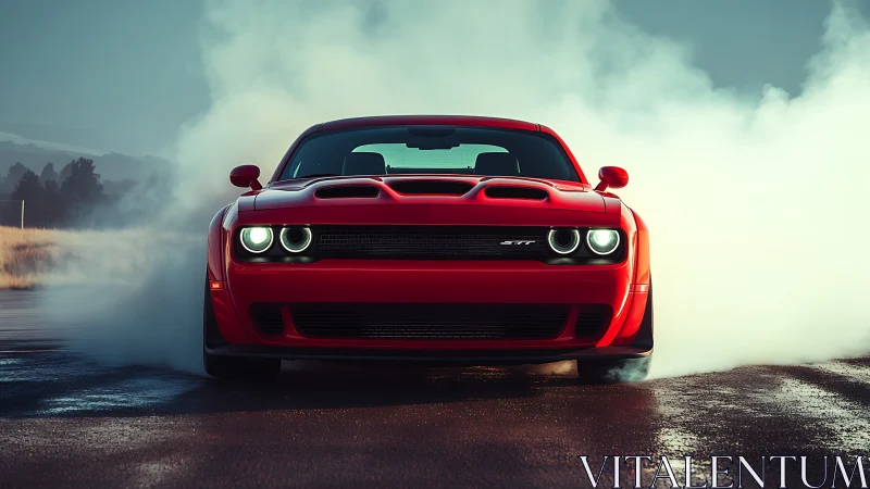 Bold red muscle car roaring through swirling tire smoke.