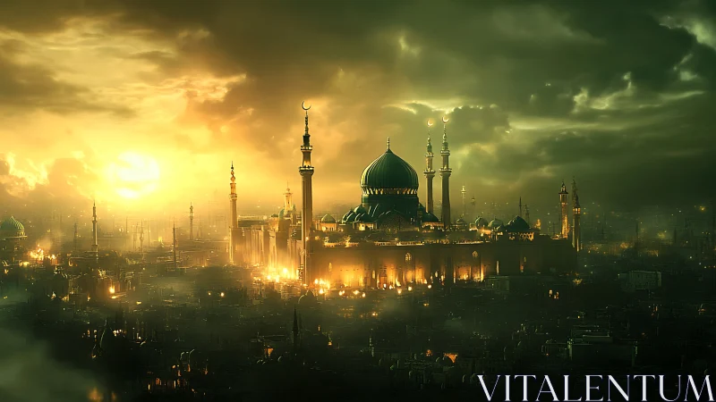 Golden domed citadel glows under stormlit sky at dusk