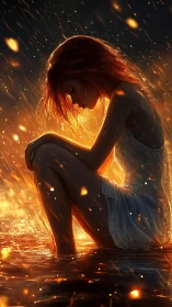 Backlit girl in rain rendered with fiery digital bokeh