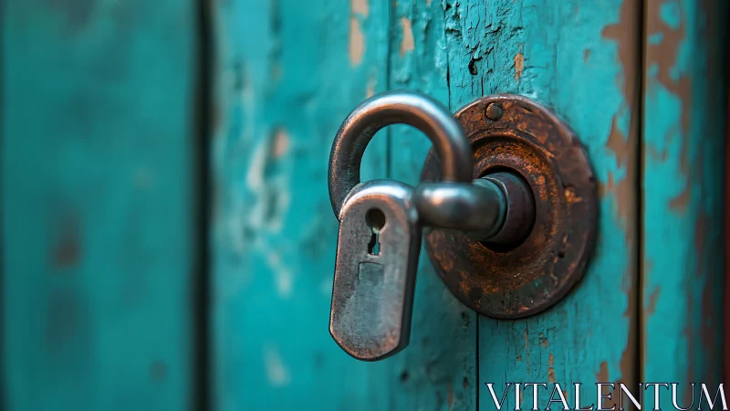 Weathered turquoise door with metal lock and handle.