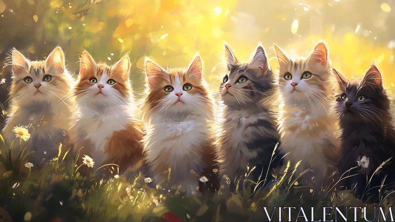 Six Kittens in Golden Meadow with Ethereal Glow.