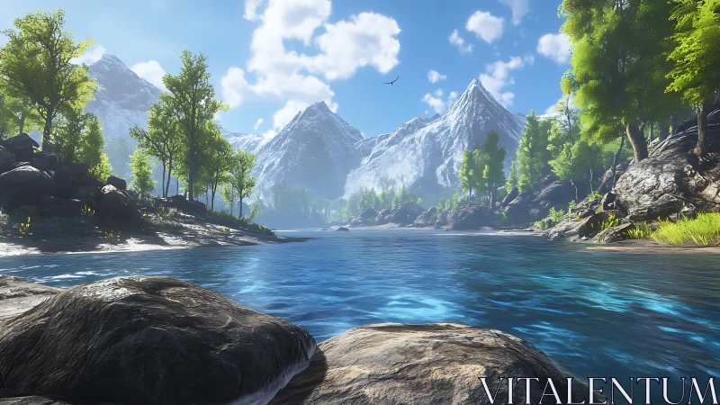 Alpine Valley with Glaciated Peaks and Crystalline River