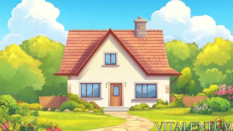 Cartoon house stands centered in landscaped green garden