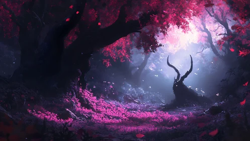 Enchanted crimson forest glows around twisted horned tree.