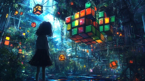 Girl observing floating neon cubes in overgrown structure.