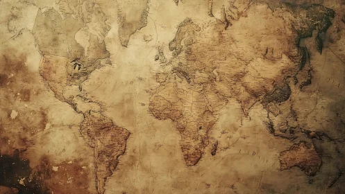 Vintage sepia world map with distressed parchment texture.
