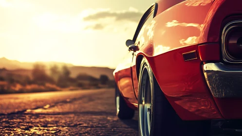 Sunlit muscle car profile with reflective chrome highlights.