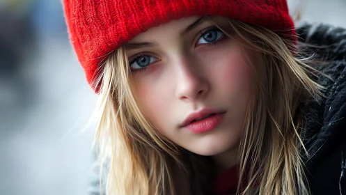 Youth portrait with red knit beanie and wintry shallow focus.
