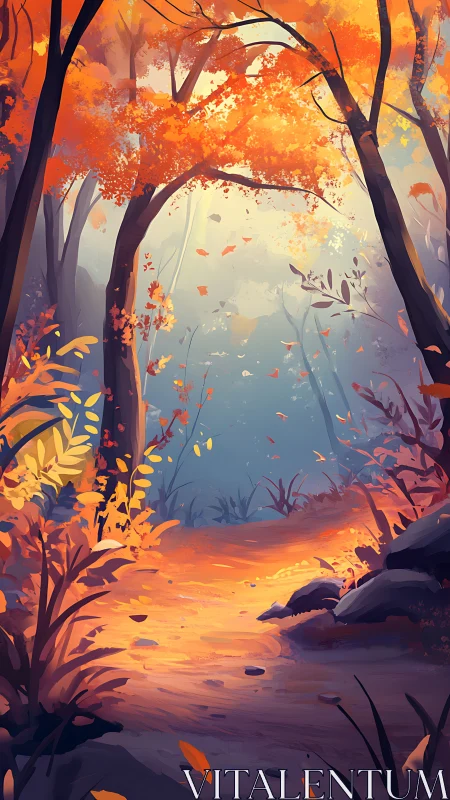 Autumn Forest Pathway: Digital Landscape with Falling Leaves.