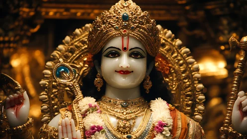 Gilded Hindu deity statue with ornate crown and jewelry.