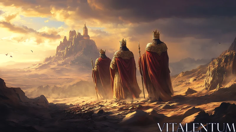 Regal monarchs crossing sunlit desert toward citadel fortress.