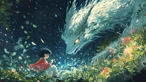 Wild midnight dragon bends low to greet a quiet child