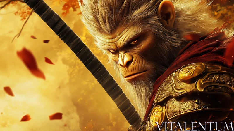 Mythic warrior monkey rendered in fiery golden ambiance.