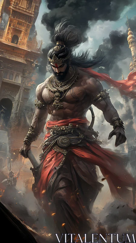 Storm-forged warrior strides through burning temple ruins.