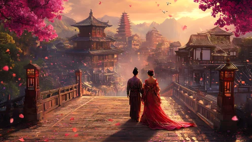 Imperial couple overlooking sunset-lit ancient riverside city.