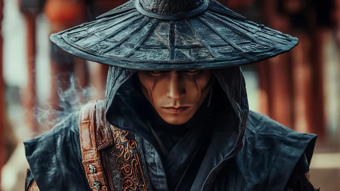 Brooding wanderer in shadowed hat and ornate leather gear.